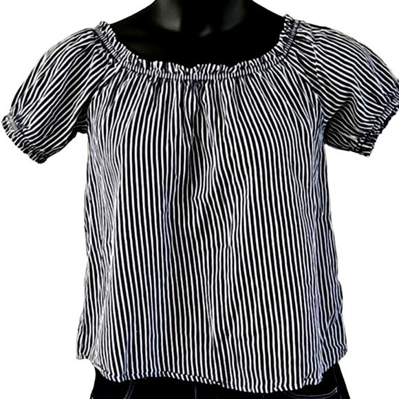 Excellent Active USA Blue White Striped Puff Sleeve Blouse Women’s Size Large - Picture 2 of 6
